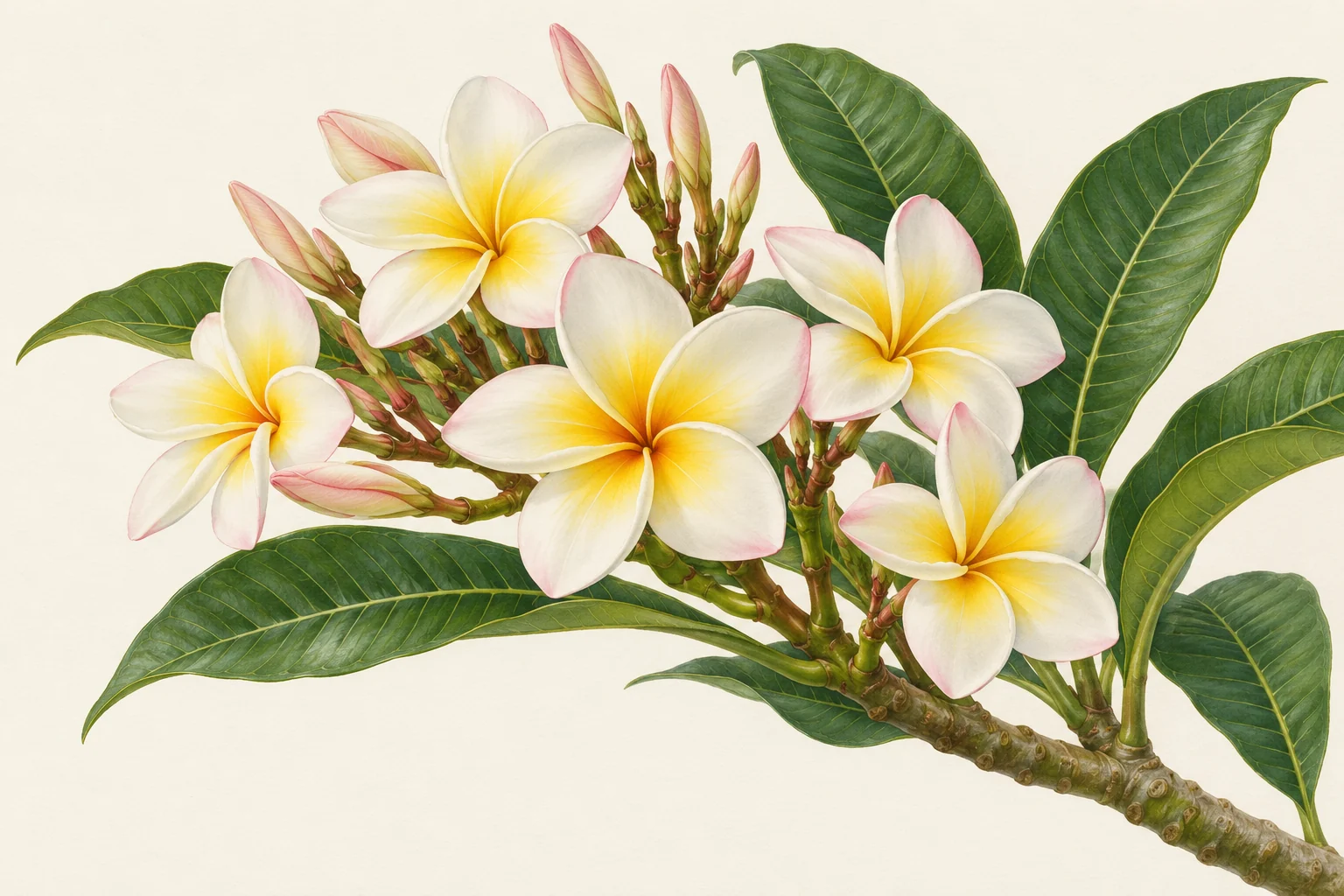 Botanical illustration of white plumeria flowers with golden centers, buds, and deep green leaves